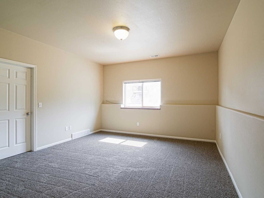 a room with carpet and a window and a door