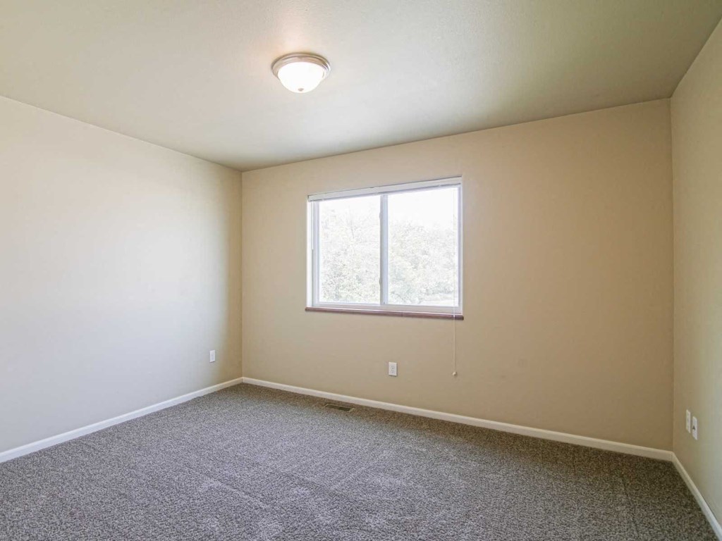 an empty room with a window and carpet