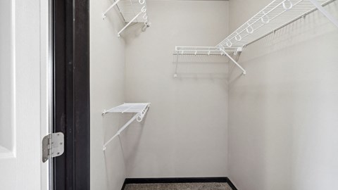 A white closet with shelves and a door.