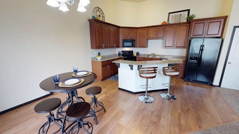 kitchen, island, dining area