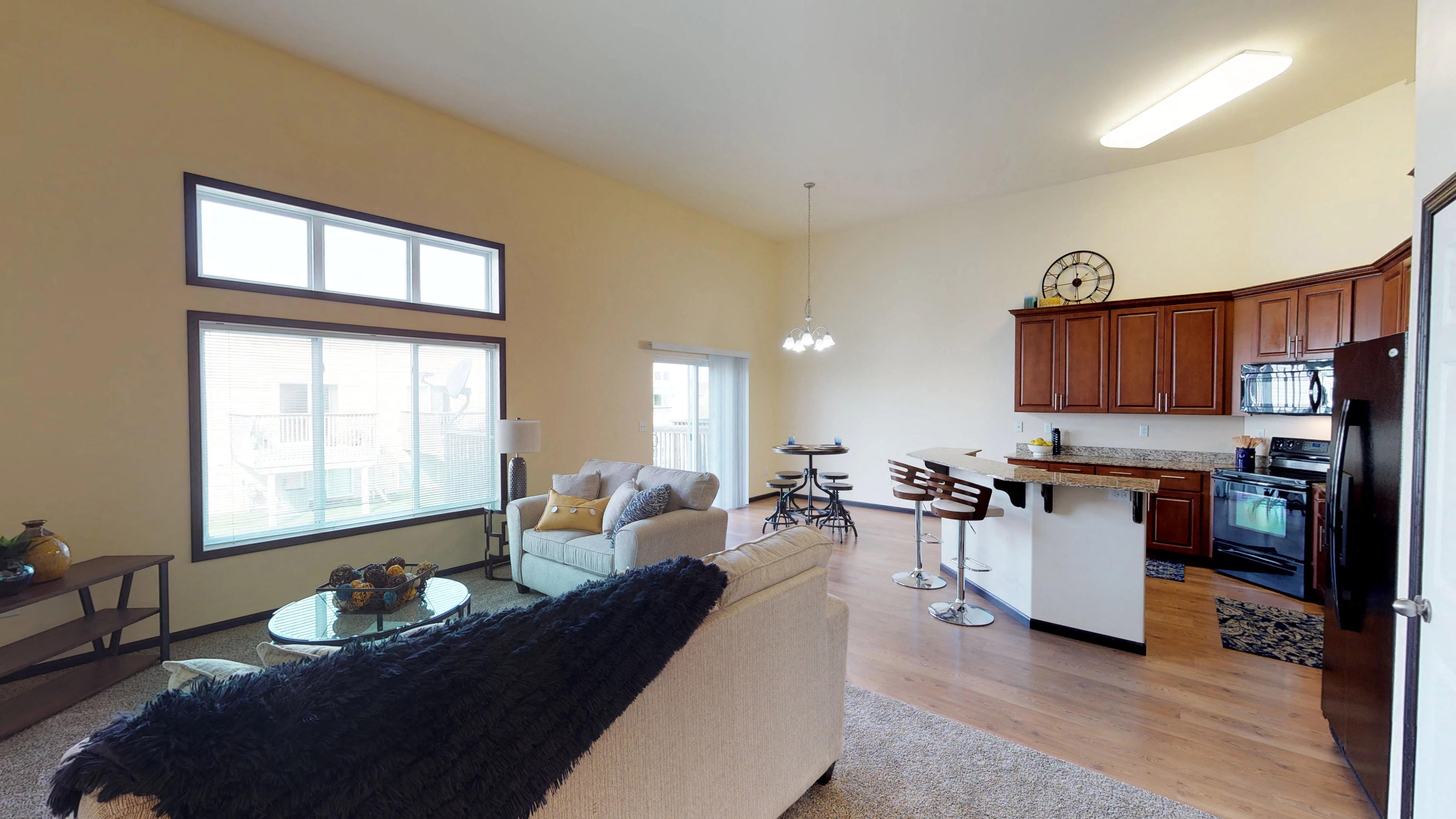 kitchen, island, living room, dining area