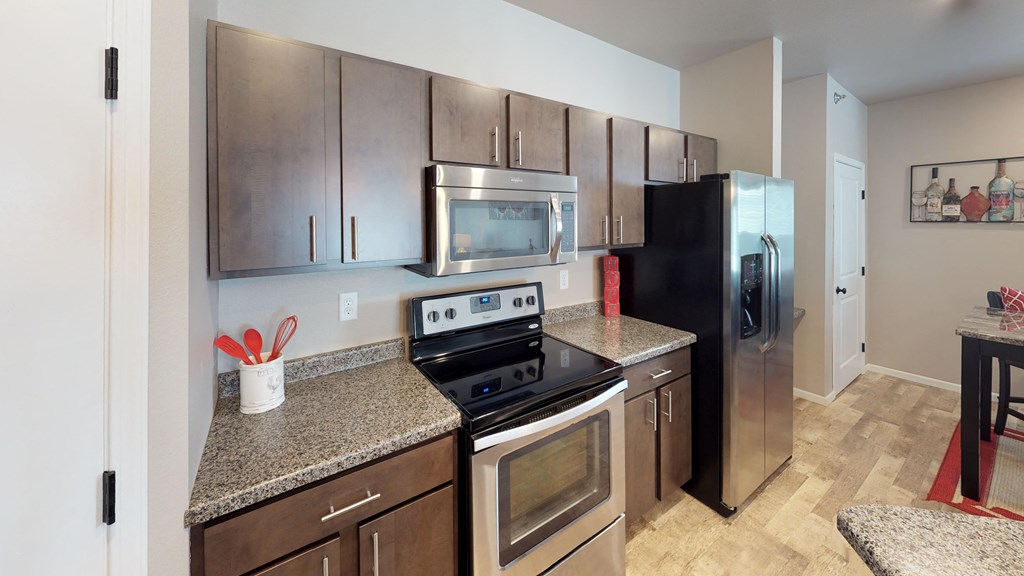 kitchen, brown cabinets, appliances