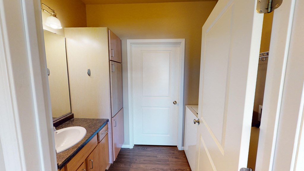 a full view of a bathroom with a sink and a refrigerator