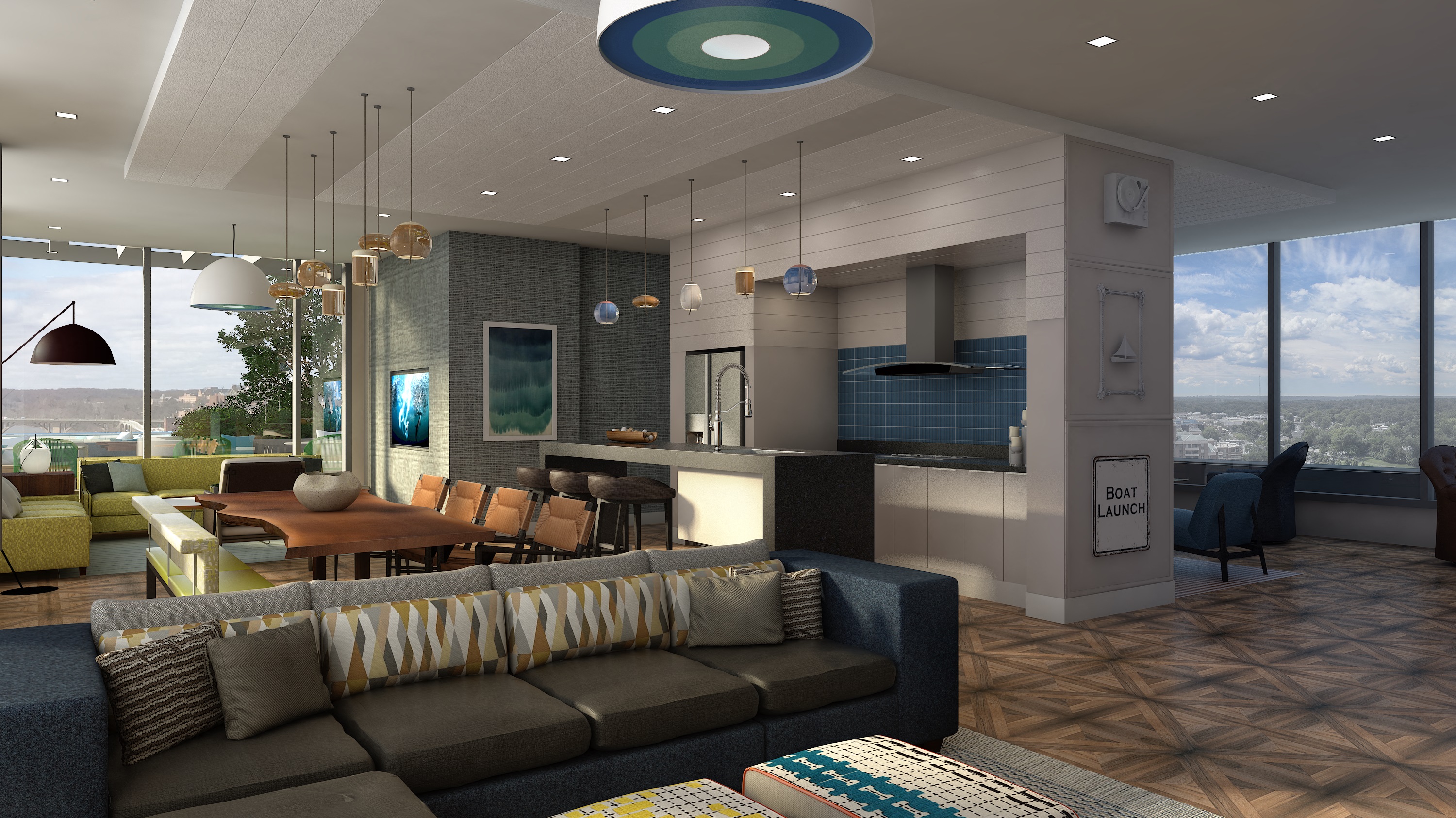 a rendering of a living room with a kitchen and a dining room