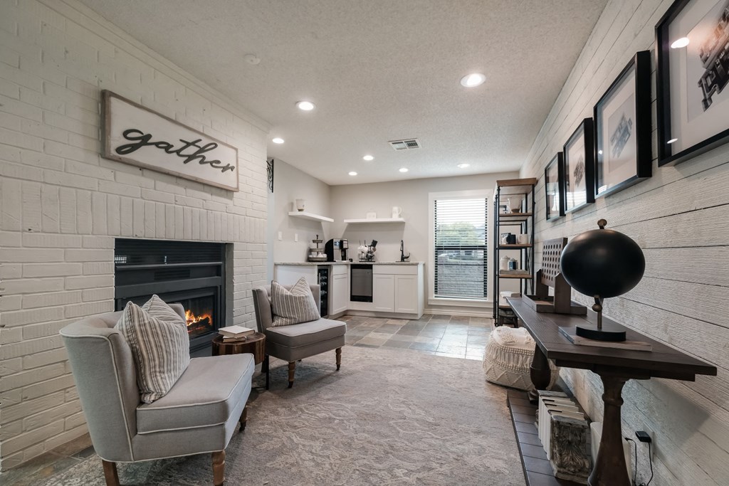 our beautiful lobby with amazing fireplace and coffee bar