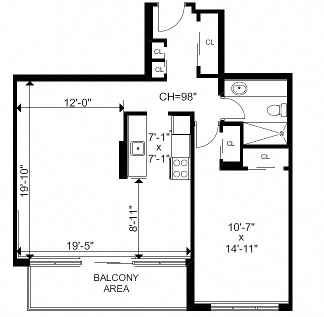 One bedroom, one bathroom apartment layout at Bayview Gardens in White Rock, BC