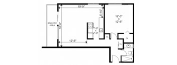 One bedroom, one bathroom apartment layout at Bayview Gardens in White Rock, BC
