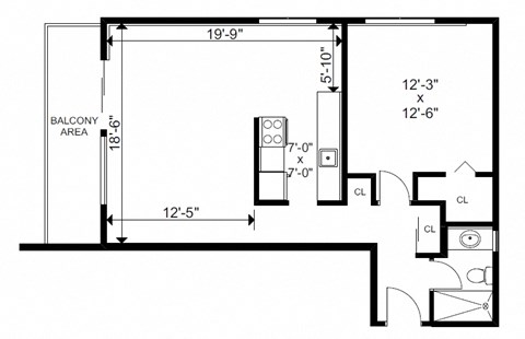 One bedroom, one bathroom apartment layout at Bayview Gardens in White Rock, BC