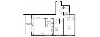 Two bedroom, one bathroom apartment layout at Bayview Gardens in White Rock, BC
