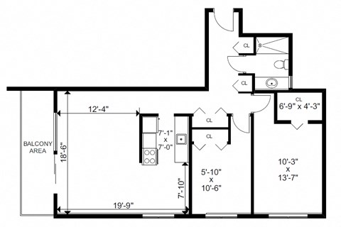 Two bedroom, one bathroom apartment layout at Bayview Gardens in White Rock, BC