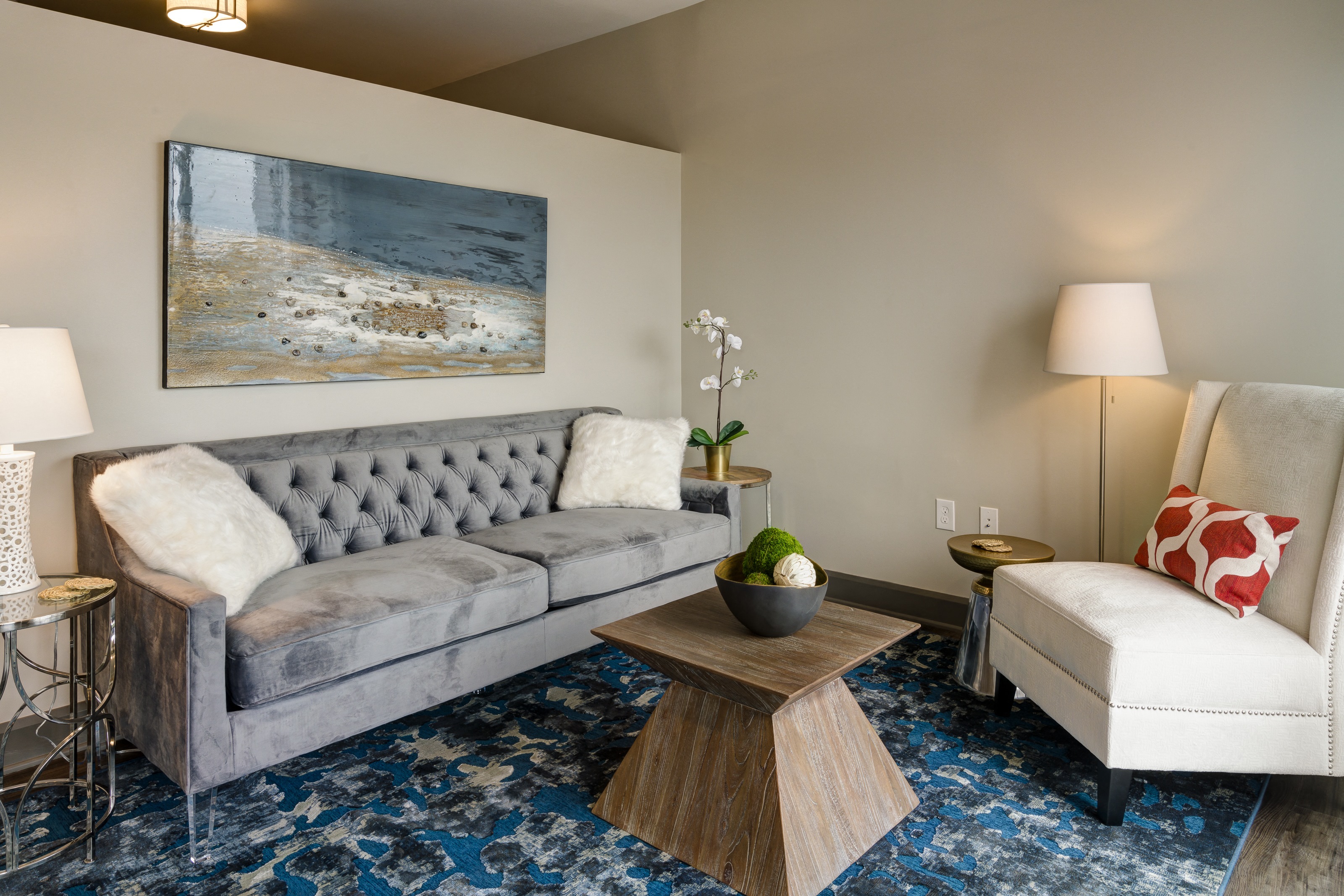 a living room with a couch and a coffee table