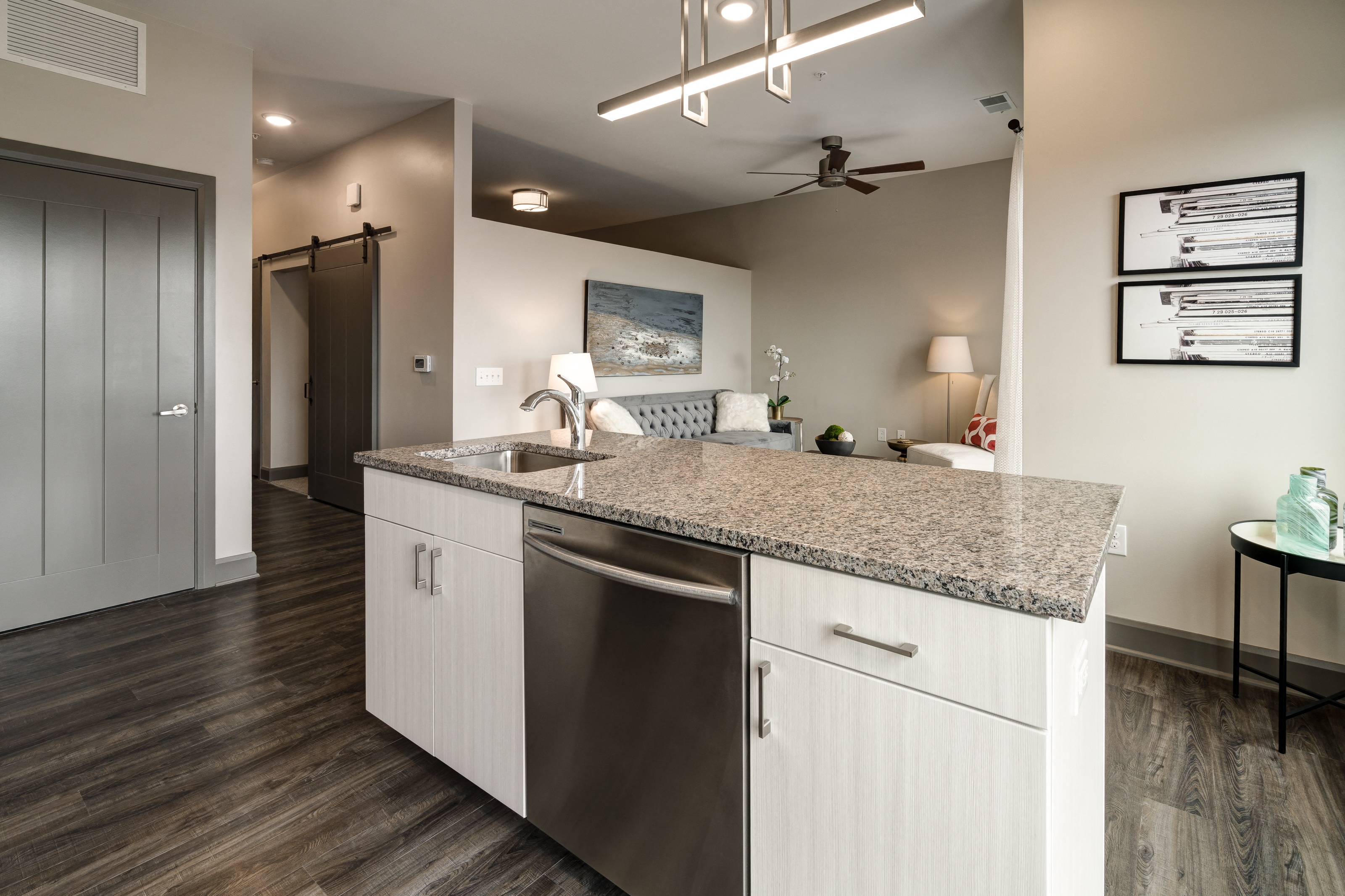 a kitchen with a stainless steel dishwasher and a granite counter top