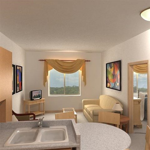 a living room with a sink and a couch