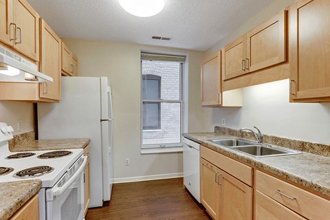 a kitchen with a stove sink and refrigerator