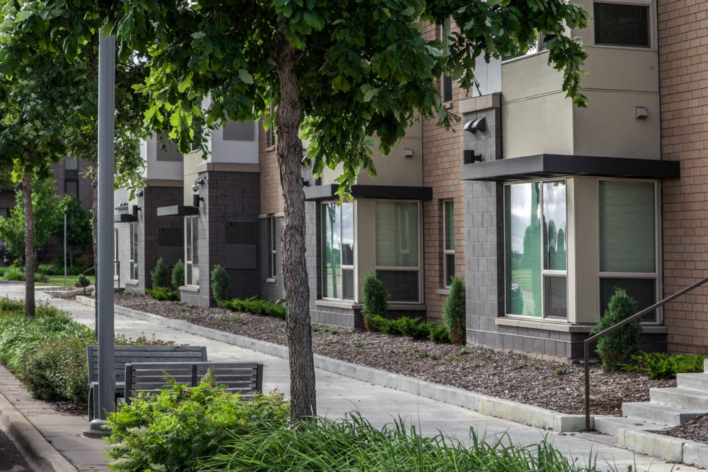 a tree and a bench in front of a building