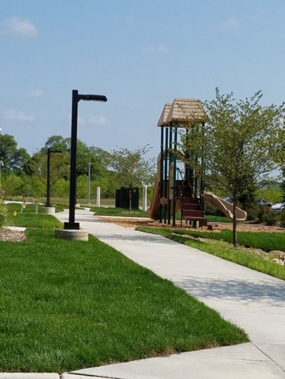 a playground in a park with a tall play set