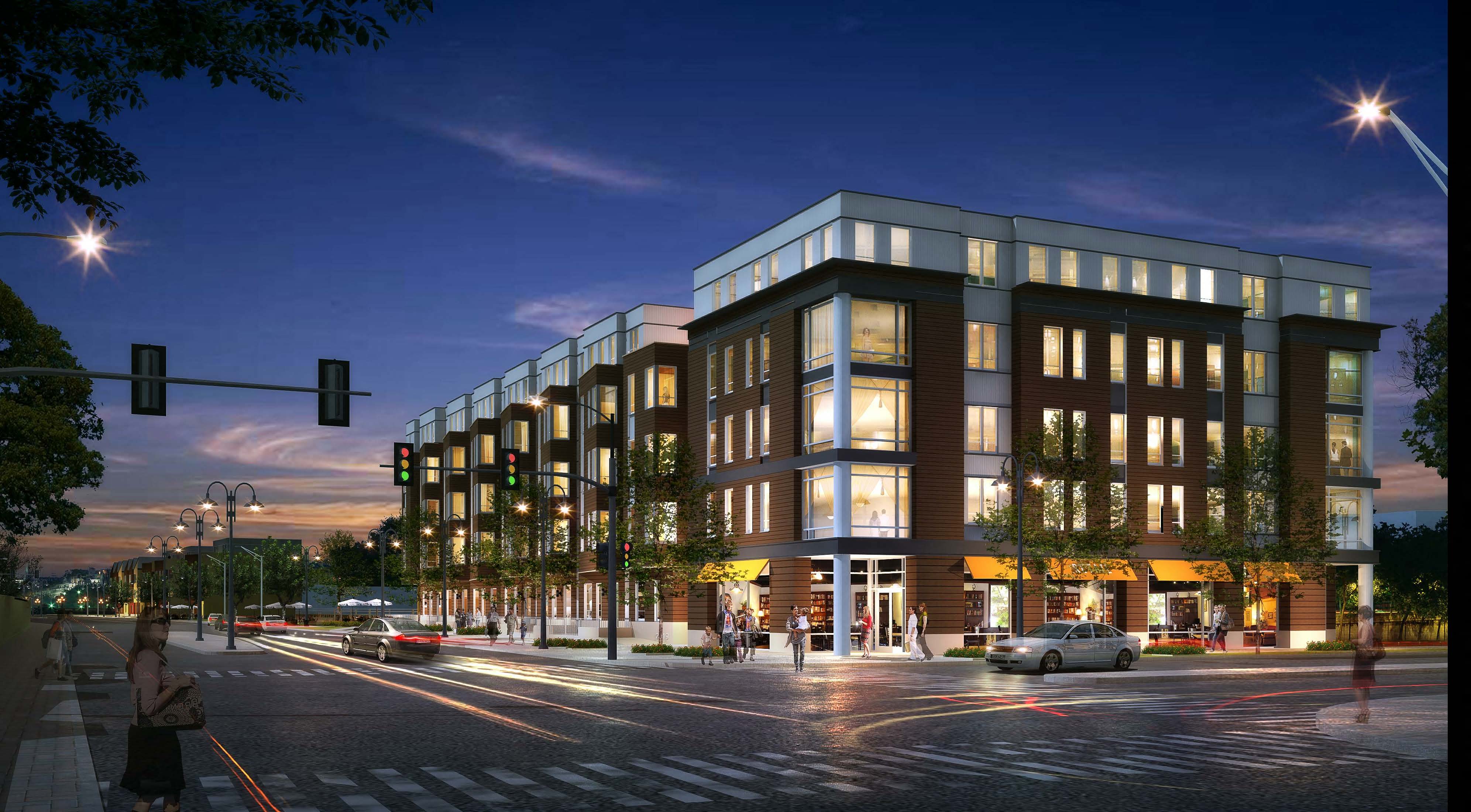 a rendering of a building on a city street at night