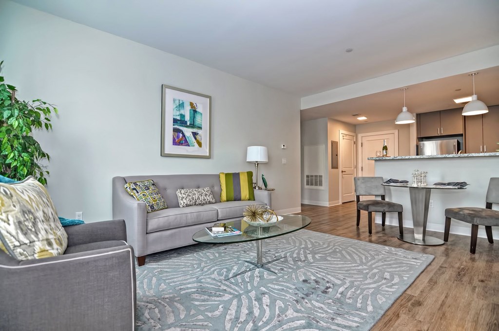 a living room with a couch and a table