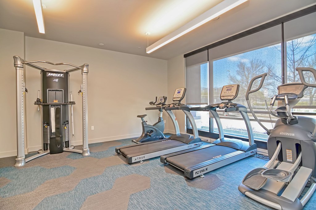 a gym with treadmills and exercise equipment and a window