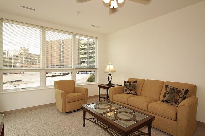 a living room with a couch and a coffee table