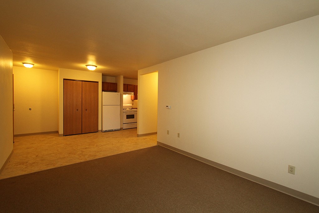 an empty living room with a kitchen in the background