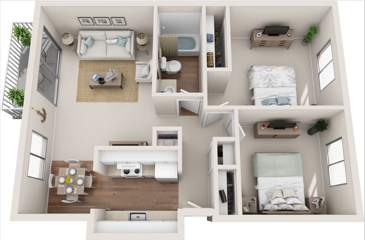 Cottage 2B/1B 3D Floor Plan at Summerfield,7224