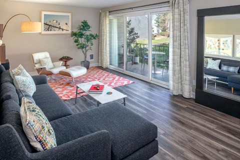 A living room with a grey couch and a red and white rug.