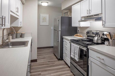 A modern kitchen with a black refrigerator and stove.