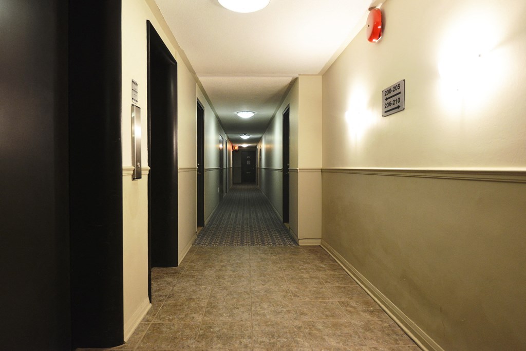 a long hallway with black doors and white walls and a carpet