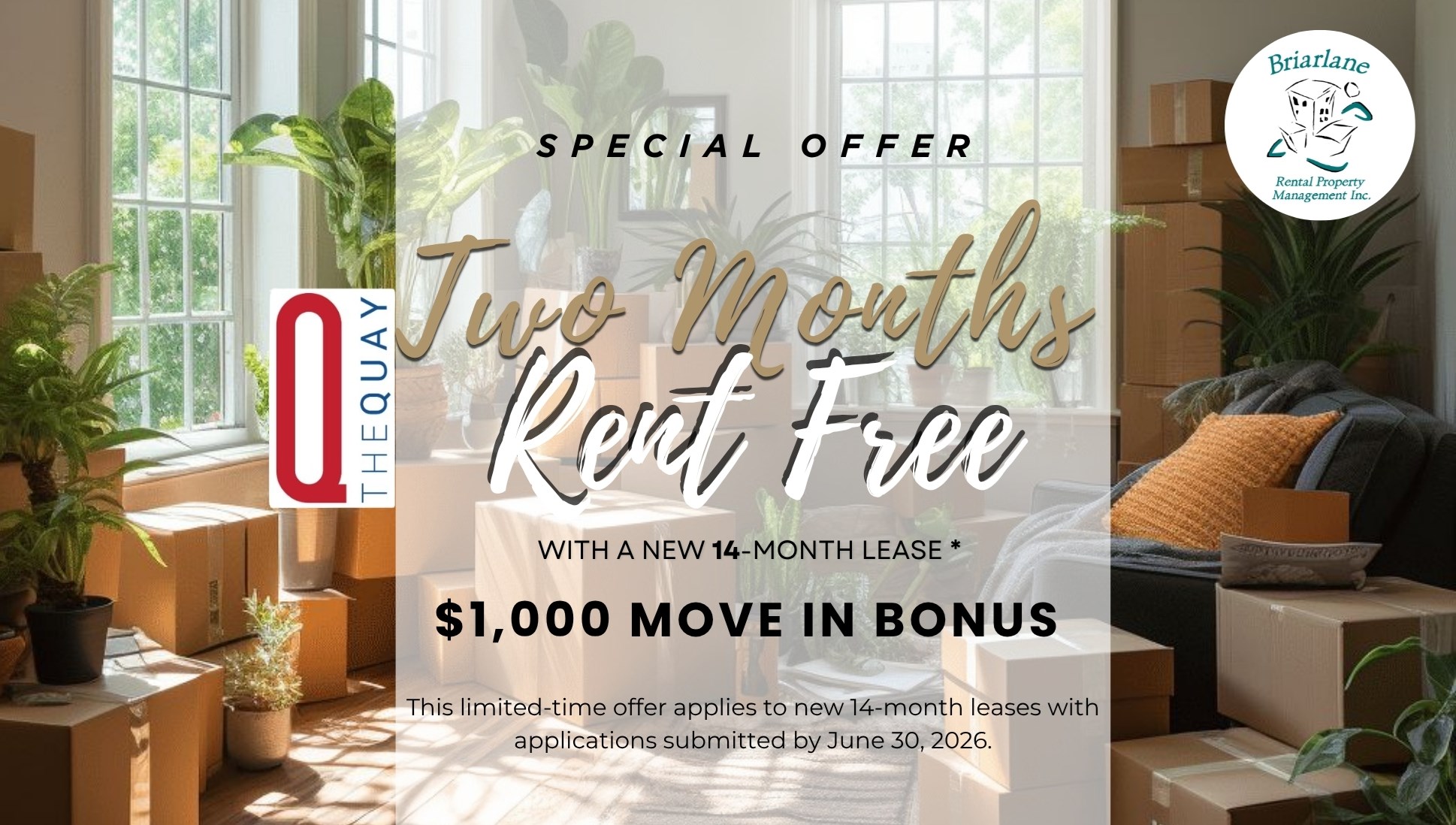 A promotional image for a special offer on a 14-month lease with a $1,000 move-in bonus.