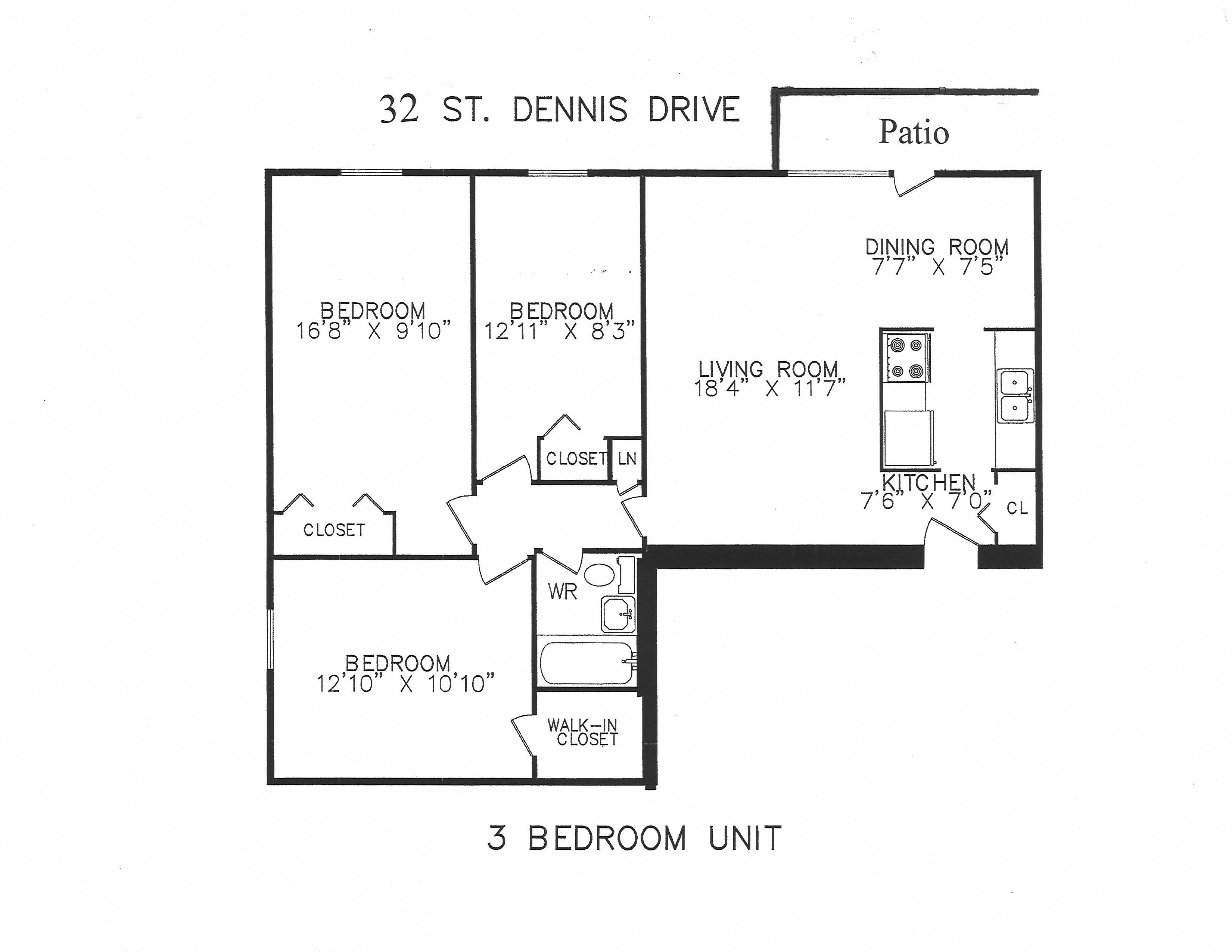 3 bedroom with one bathroom & patio