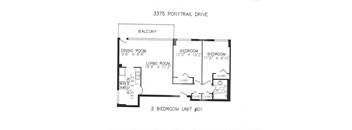2 bedroom, 1 bathroom, balcony, end of the hallway
