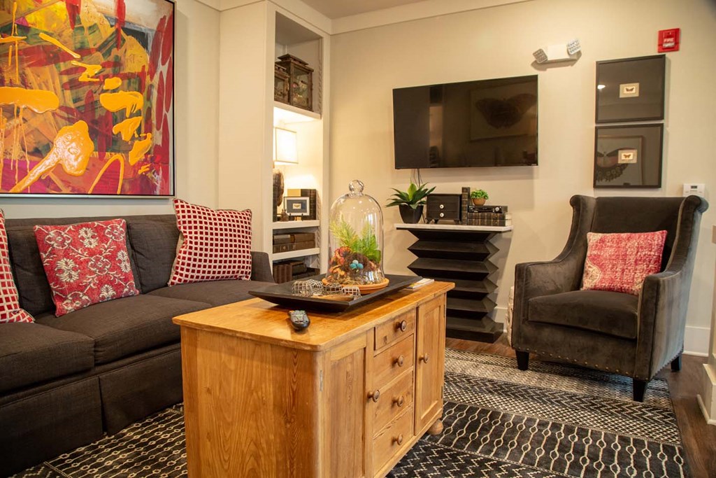 a living room with a couch and a table