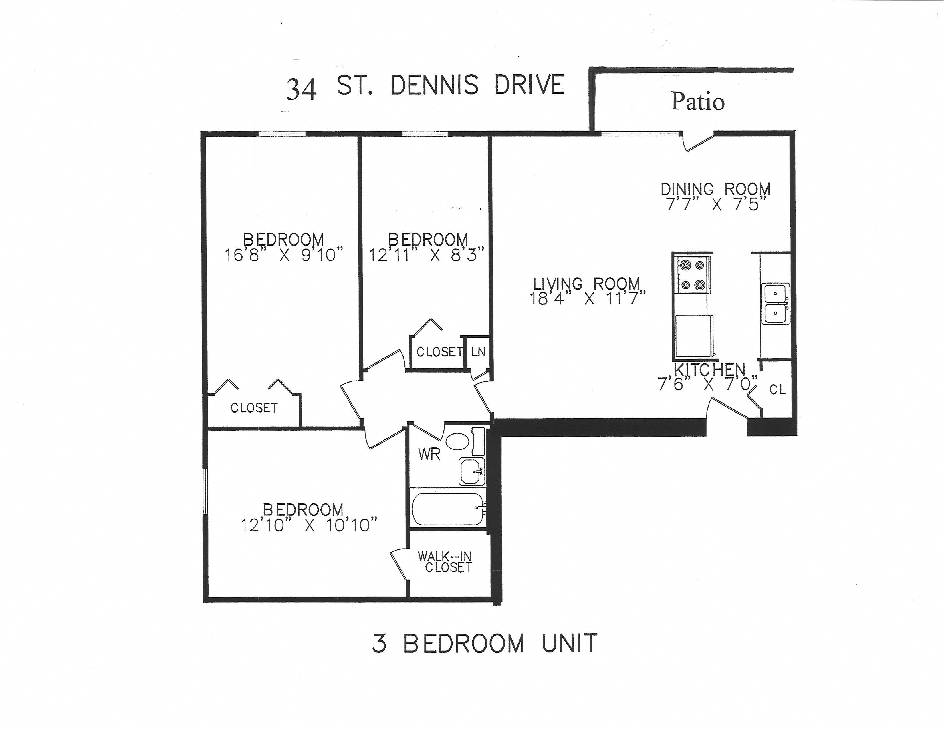 3 bedroom with one bathroom & patio