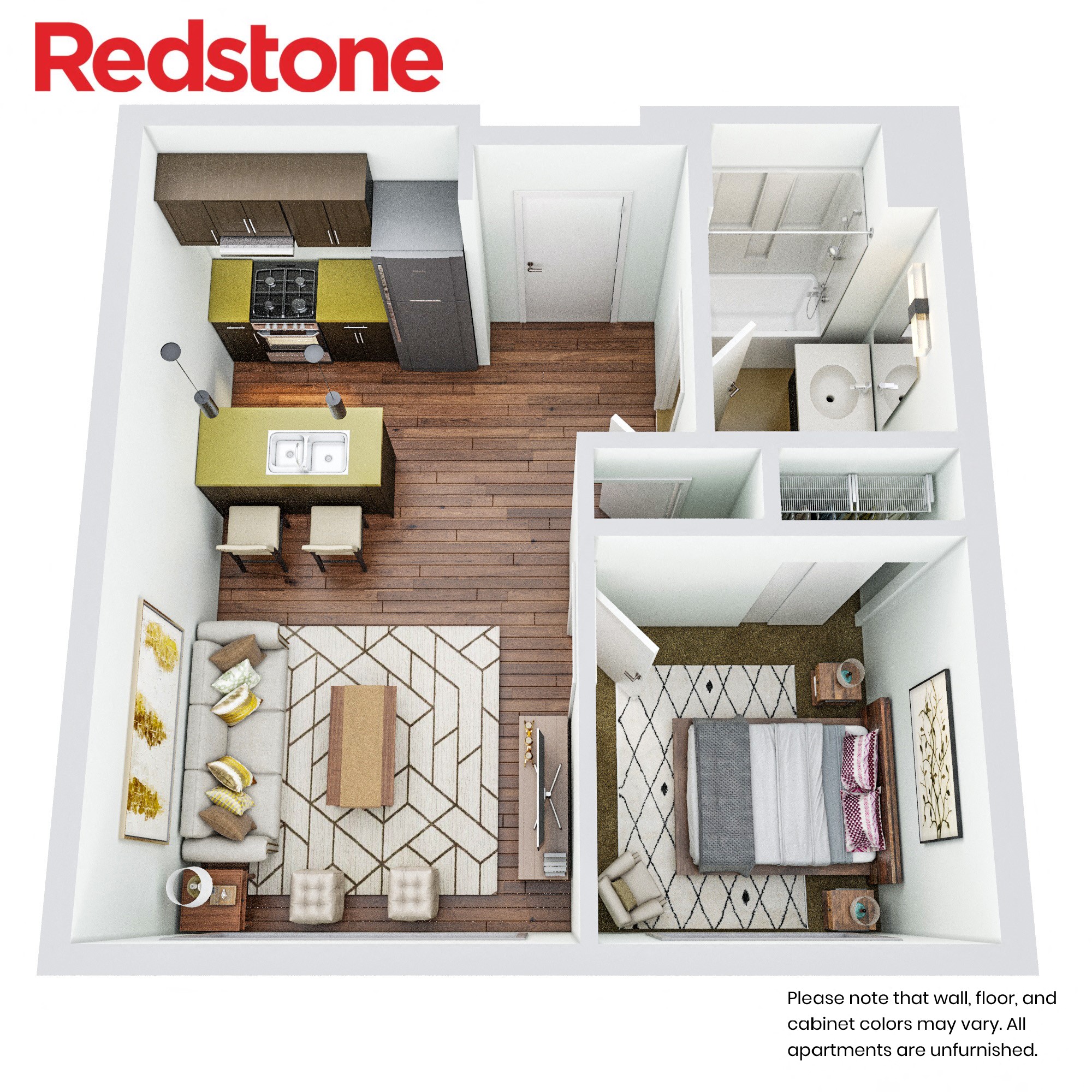 A Redstone apartment floor plan showing a living room, kitchen, and bedroom.