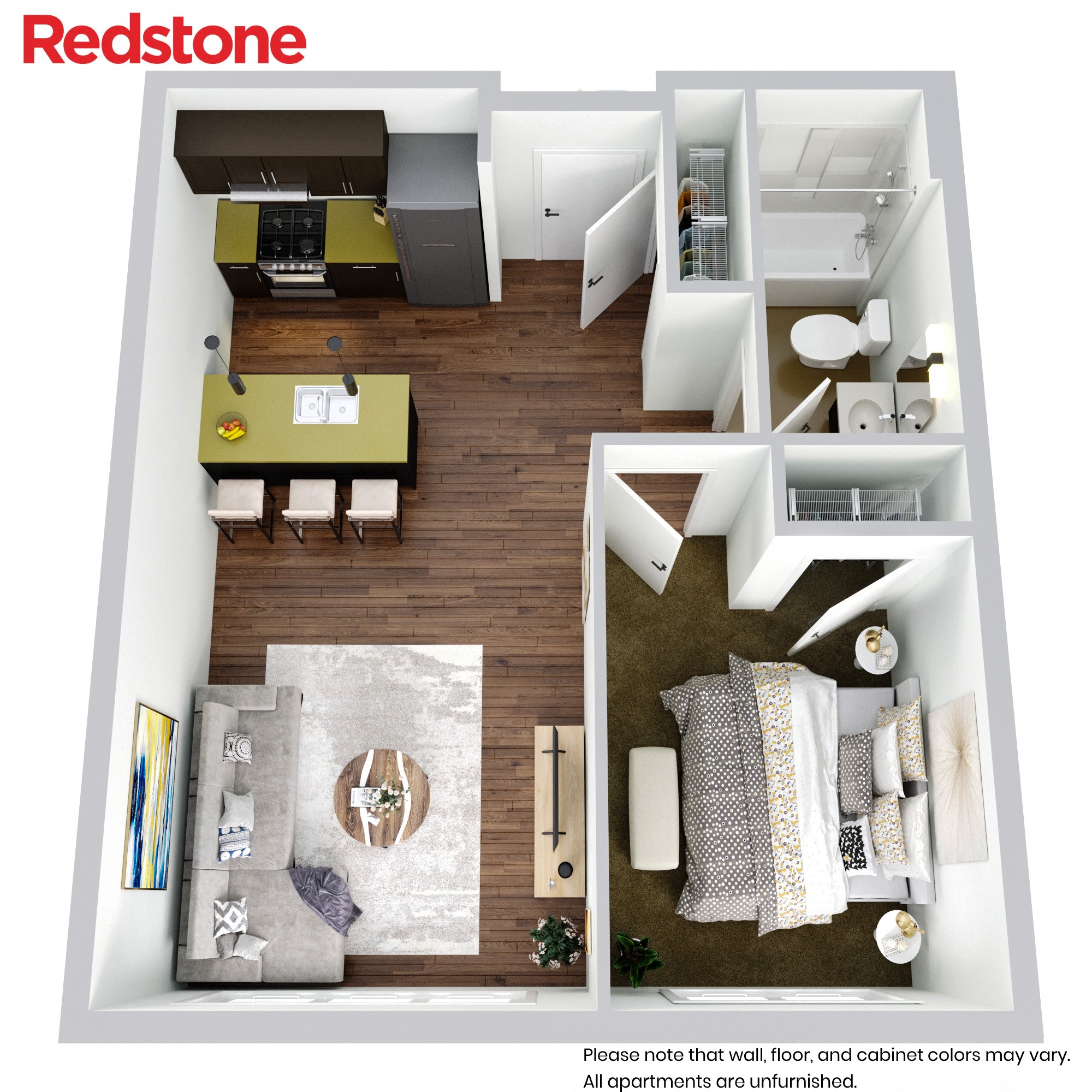 A Redstone apartment floor plan with a kitchen, living room, and bedrooms.