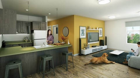 a rendering of a living room with a dog laying on the floor