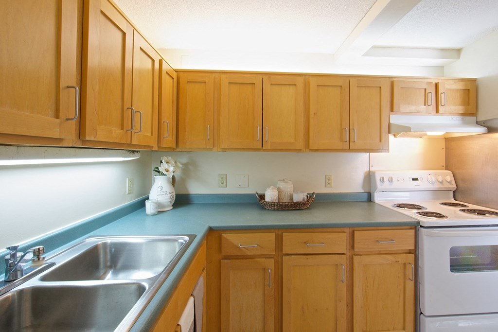 a kitchen with wooden cabinets and a sink and a stove