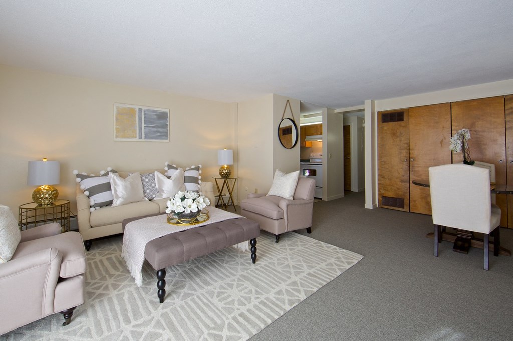 a living room with couches and chairs and a rug