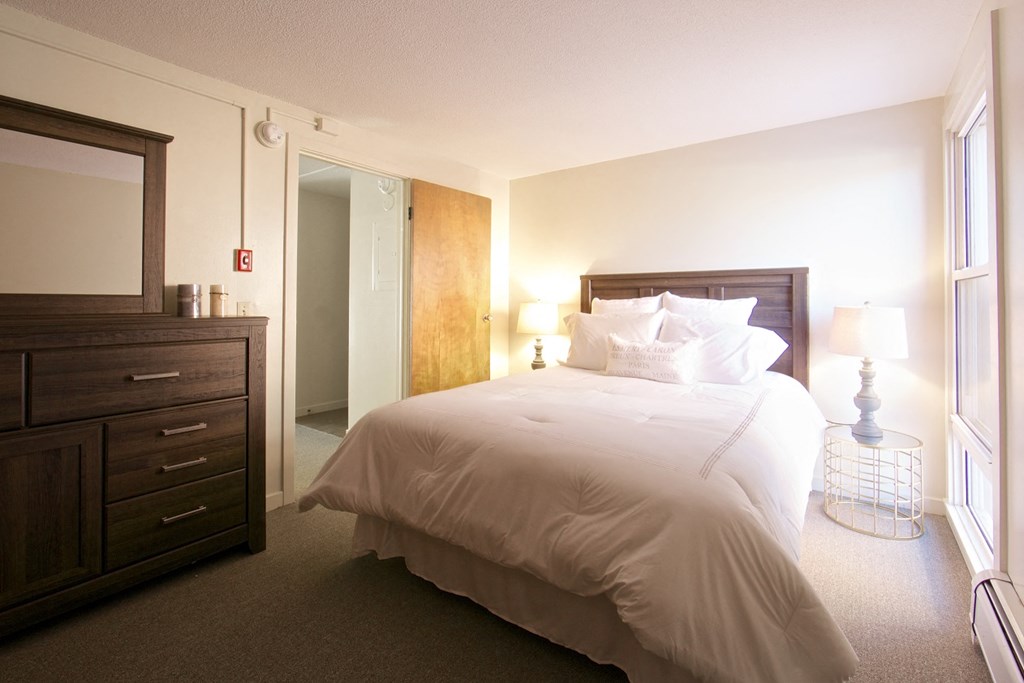 a bedroom with a bed and a dresser
