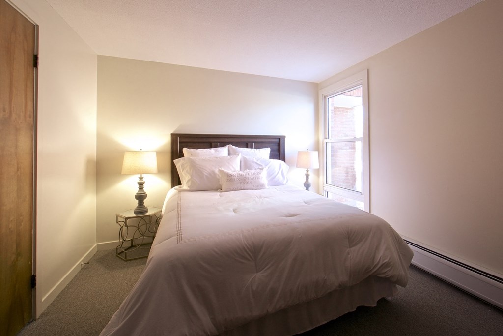 a bedroom with a large bed and a window