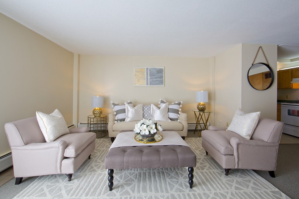 a living room with couches and chairs and a rug