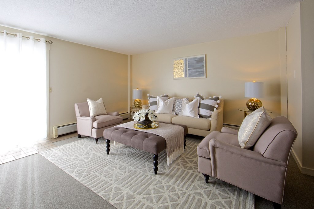 a living room with couches and chairs and a rug