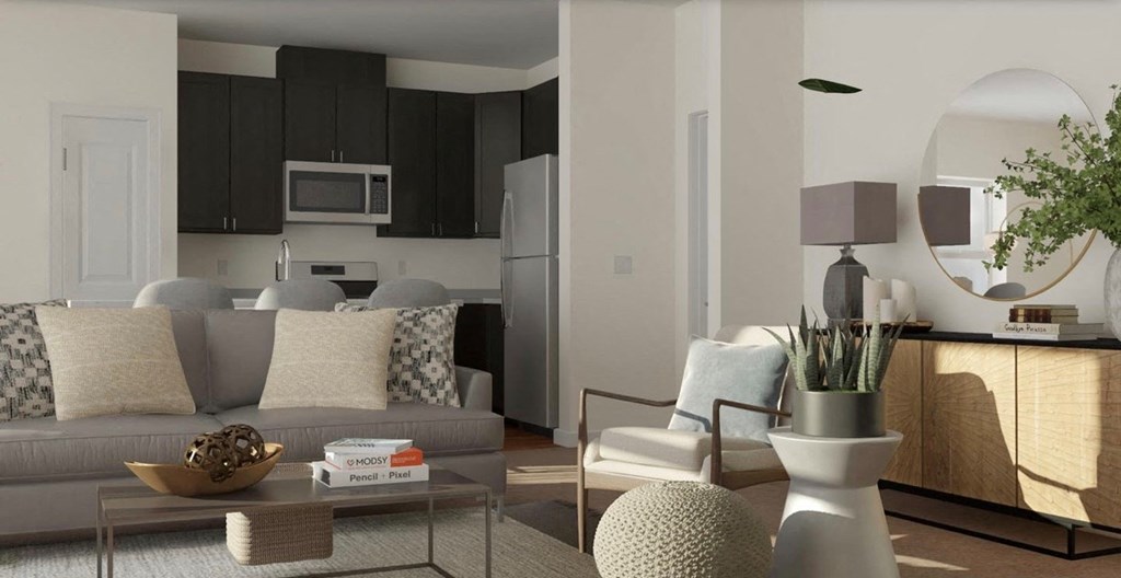 a living room with a couch and a table