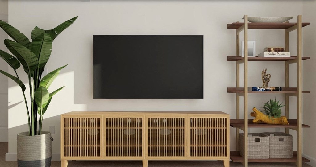 a living room with a television and a shelf with a plant