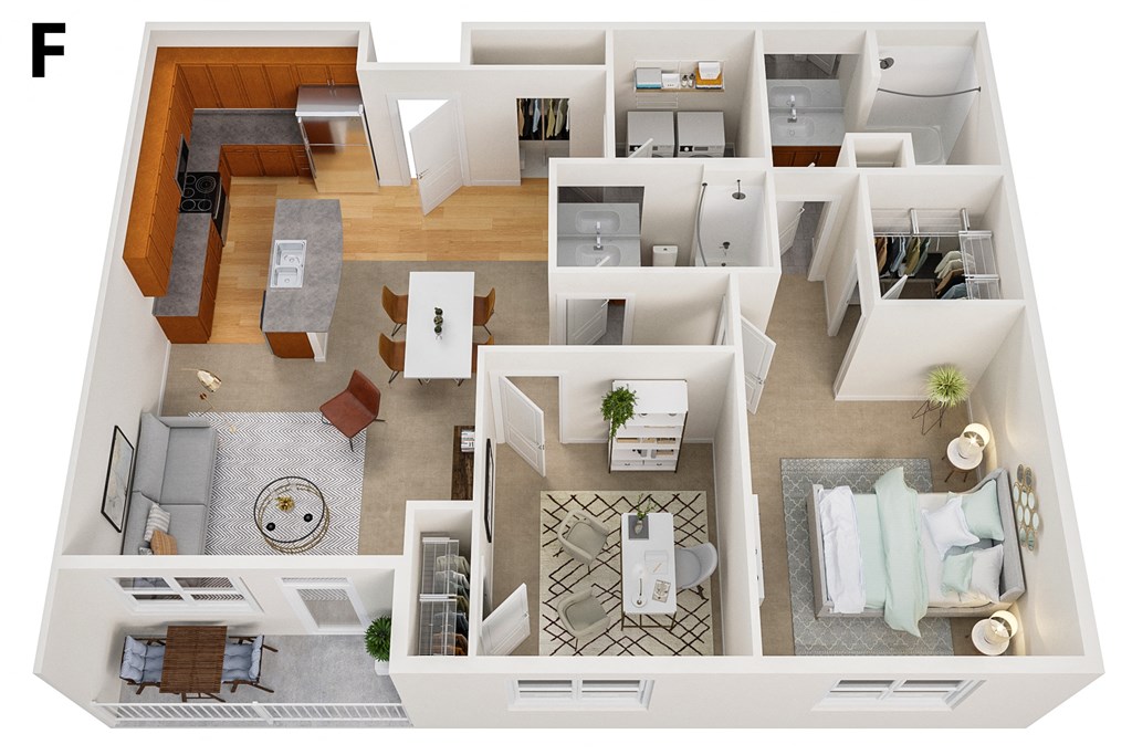 a 3d floor plan of a house with a living room and bedrooms