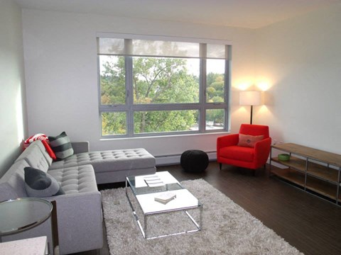 Room with couch and armchair with a rug and coffee table with a window showing outdoor nature scene