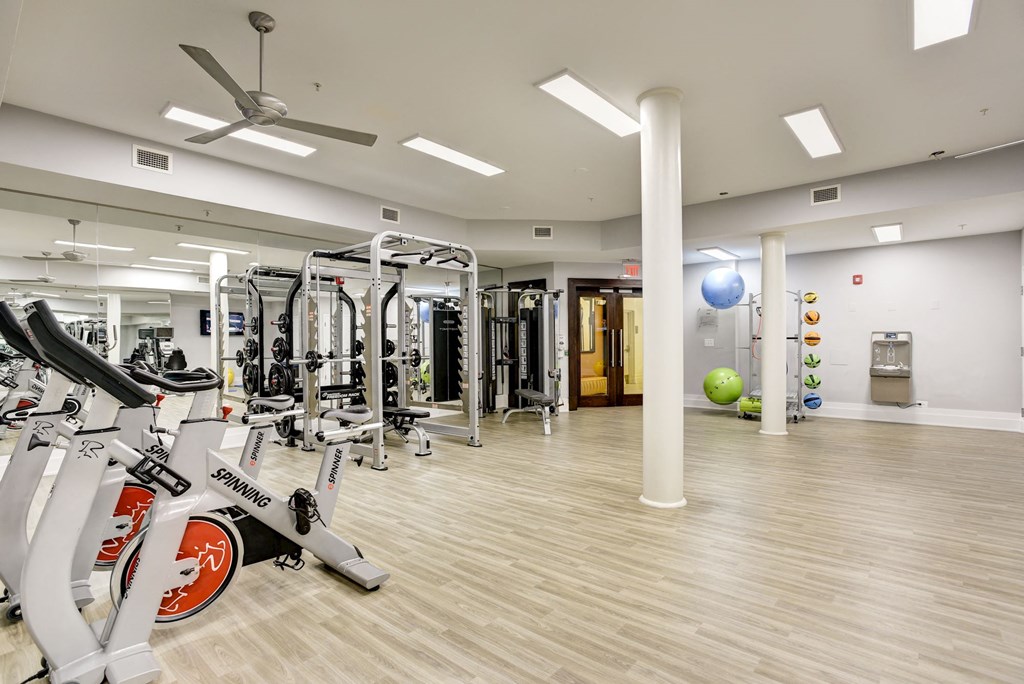 a gym with cardio equipment and weights in a building