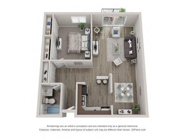 Carol Stream Crossing's Oak one bedroom apartment floor plan