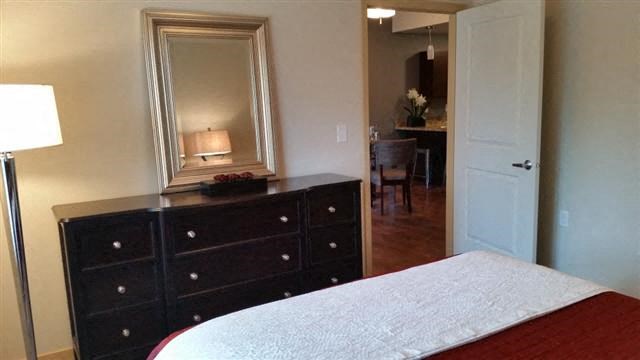 a bedroom with a bed and a dresser and a mirror